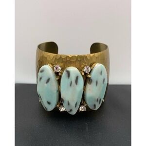 Gerard Yosca Signed Cuff Bracelet Chunky Blue & Rhinestone Wide Bangle Statement